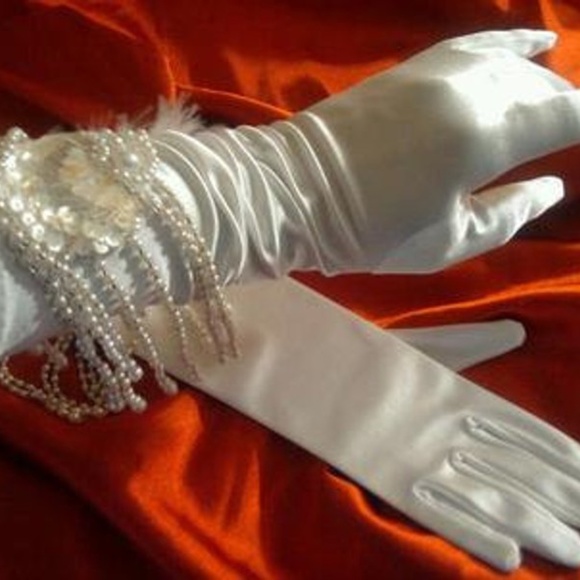 Victorian Style White Satin Beaded Wedding Gloves